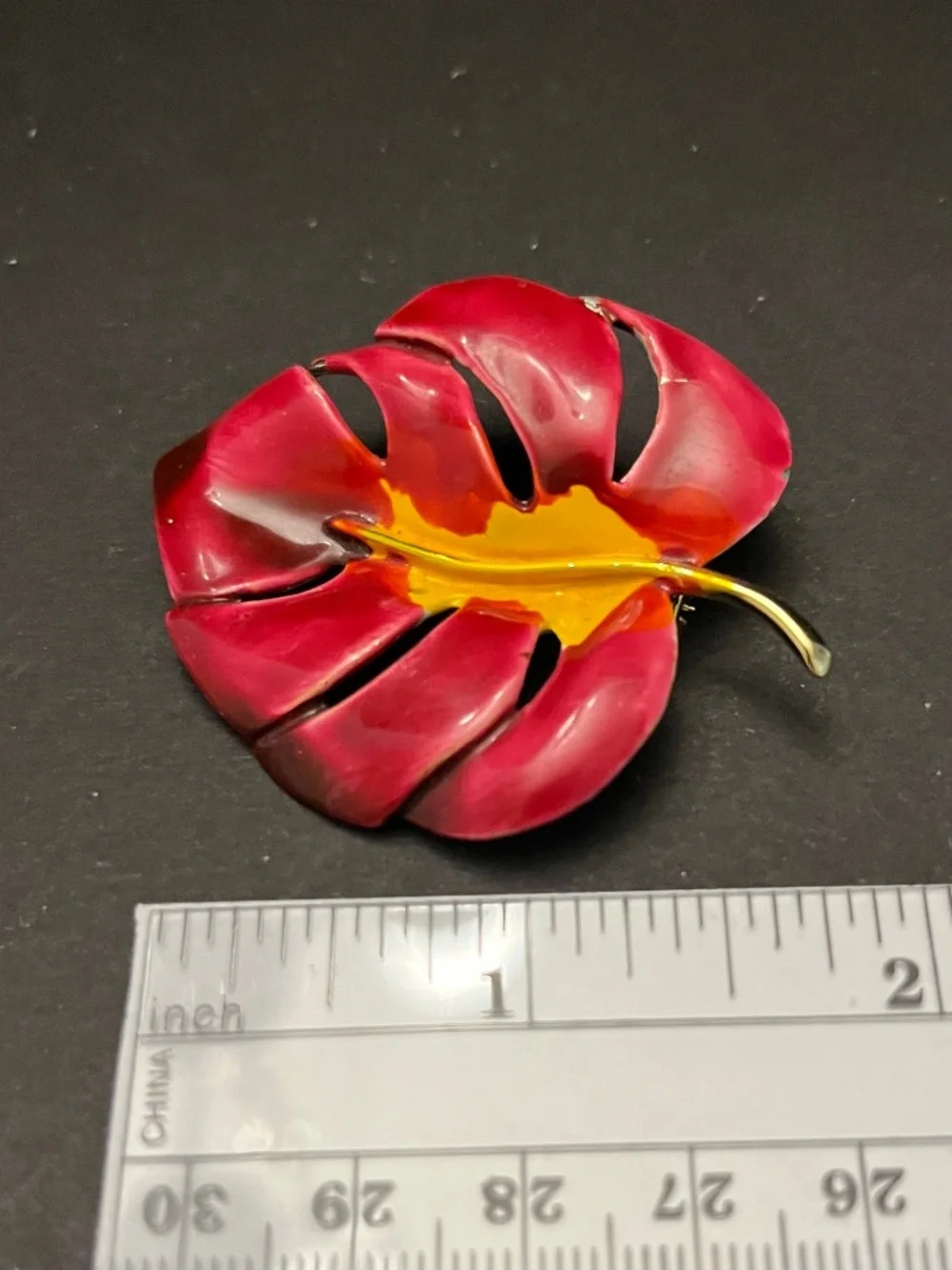 Vintage Burgundy Enamel Cutout Monstera Swiss Cheese Plant Brooch Pin Gold Tone